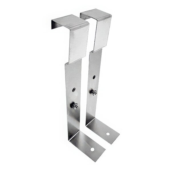 A pair of stainless steel Advance Tabco speed rail straps with two holes on each side.