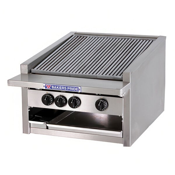 A Bakers Pride stainless steel low profile charbroiler on a counter.