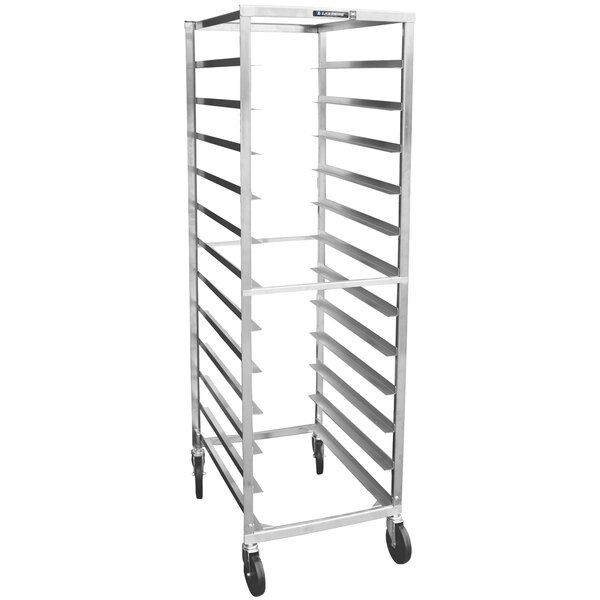 A Lakeside stainless steel sheet pan rack with wheels.