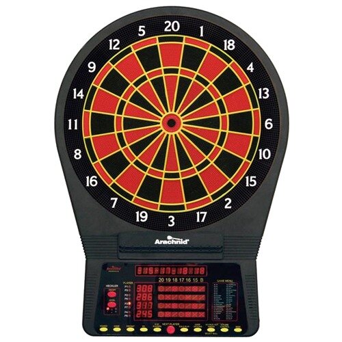 An Arachnid electronic dart board with a red and black target and numbers.