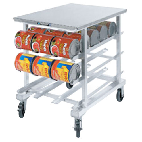 A Lakeside metal cart with a can rack holding canned food.