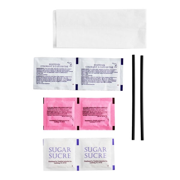 A hot beverage condiment kit containing sugar packets, sugar substitute packets, creamer packets, stirrers, and a napkin.