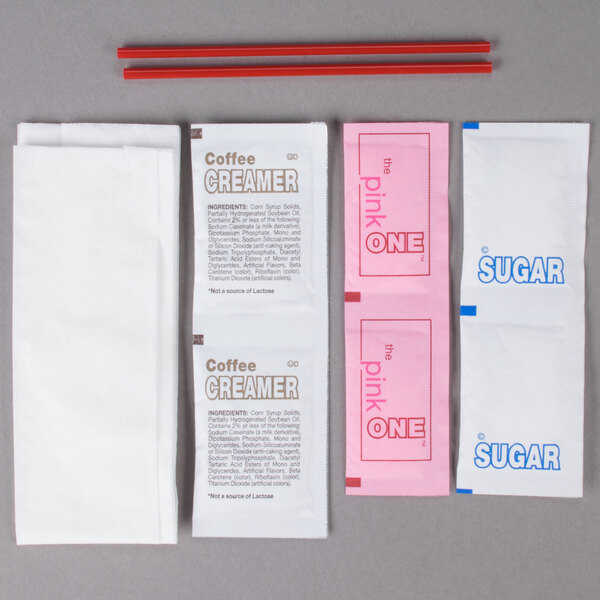 Double Serving Hot Beverage Condiment Kit with Napkin and Clear Packaging - 500/Case