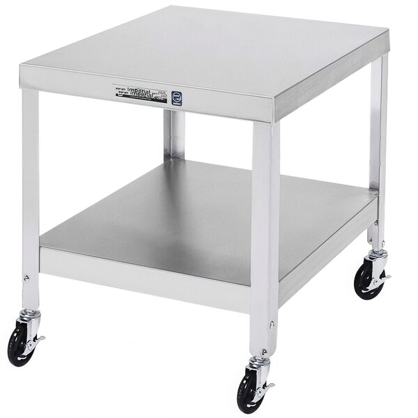 A silver metal Lakeside equipment stand with wheels.
