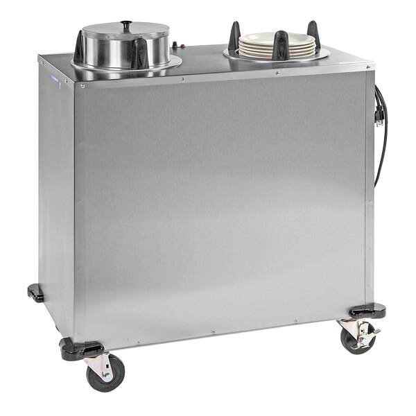 A stainless steel enclosed heated plate dispenser cart with two stacks for 10 1/4" to 11" plates.