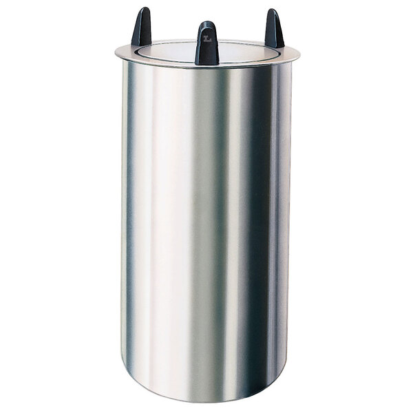 A silver Lakeside shielded drop-in dish dispenser with black handles.