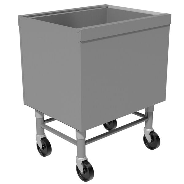 A grey stainless steel box on wheels.