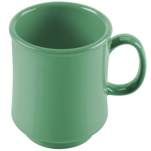 A rainforest green GET Diamond Mardi Gras Tritan Mug with a handle.