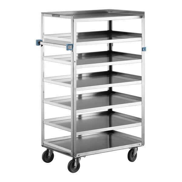 A Lakeside stainless steel tray cart with 7 shelves and blue handles.