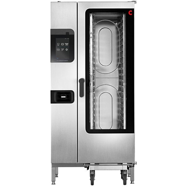 A Convotherm stainless steel Half Size Roll-In Boilerless Electric Combi Oven with the door open.