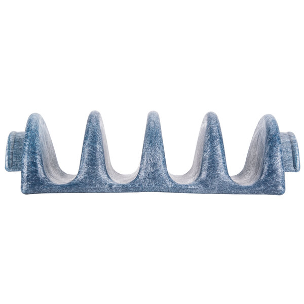 A blue HS Inc. polyethylene taco server with four shells.