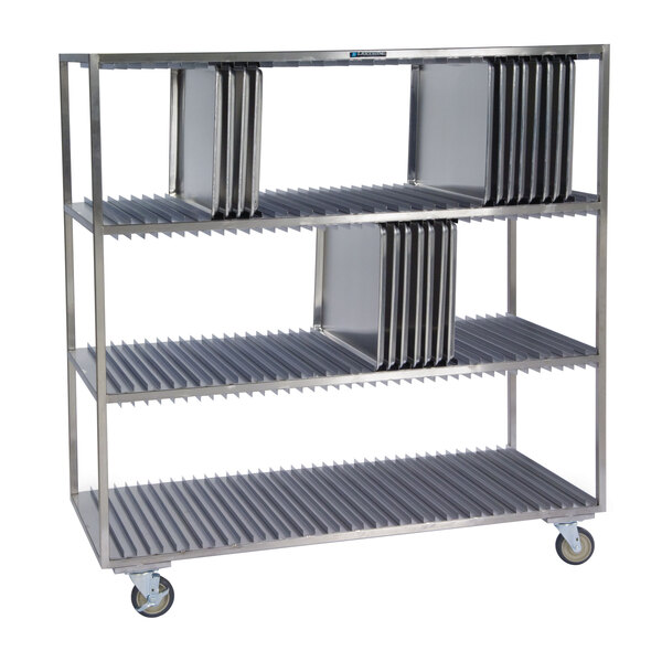 A stainless steel Lakeside sheet pan drying rack with shelves on wheels.