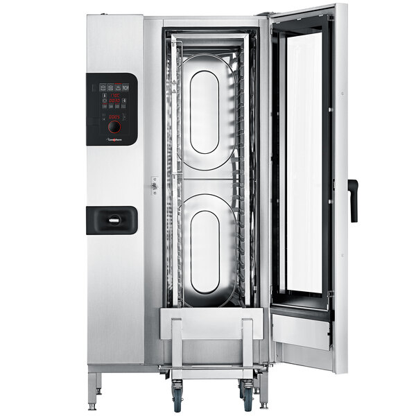 The open door of a Convotherm stainless steel combi oven.