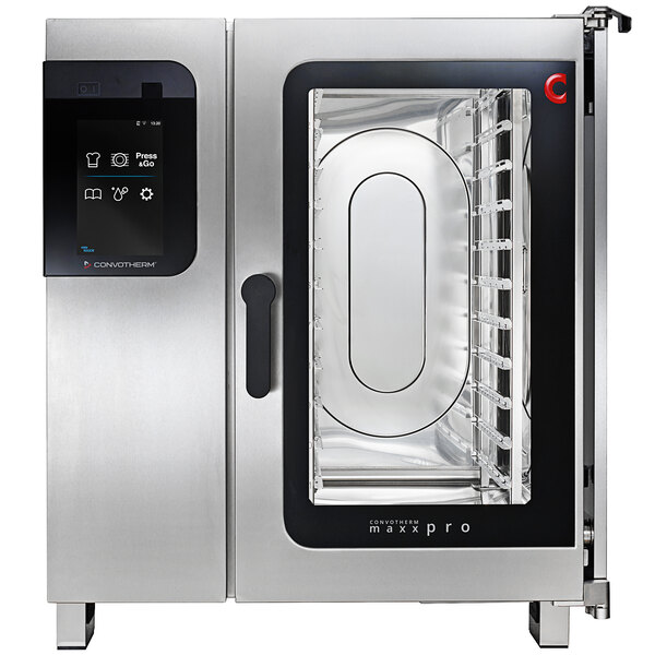 A white stainless steel Convotherm Maxx Pro combi oven with easyTouch controls.