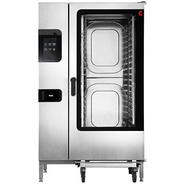 A large stainless steel Convotherm roll-in combi oven with two doors.