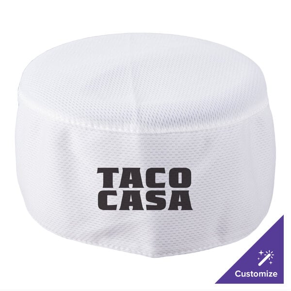 A white Headsweats chef skull cap with black text that reads "Taco Casa" on it.