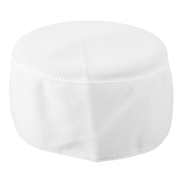 A white, round, textured fabric cap with a flat top and straight sides.