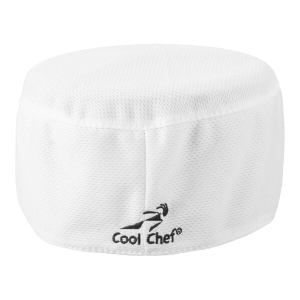 A white, round, fabric chef skull cap with a small embroidered logo and the words 'Cool Chef' on the front.