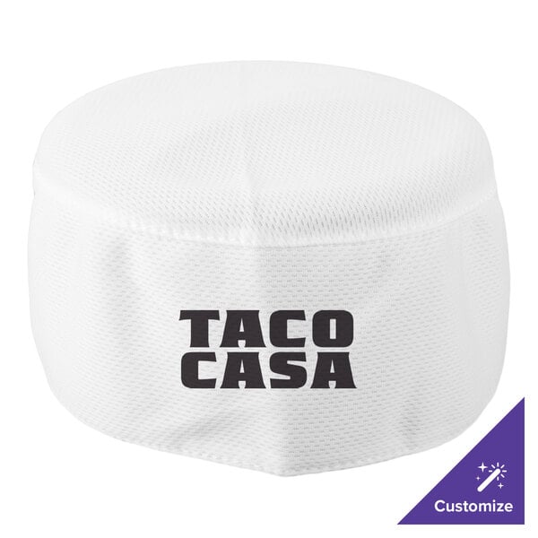 A white mesh chef skull cap with the text 'TACO CASA' printed on the front.