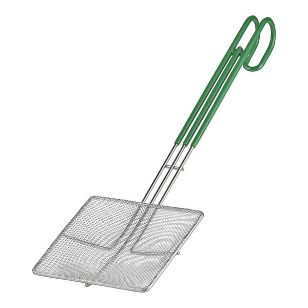 A green metal mesh square net with a handle.