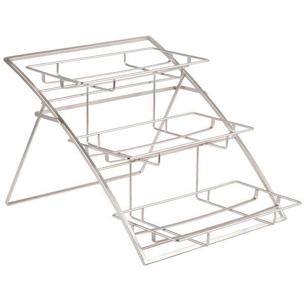 An American Metalcraft chrome folding three-tier display stand.