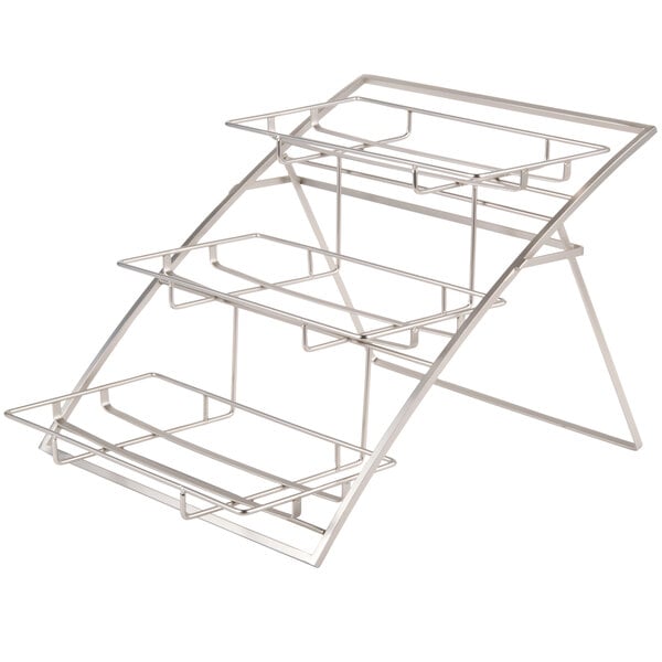 An American Metalcraft chrome folding three-tier display stand.