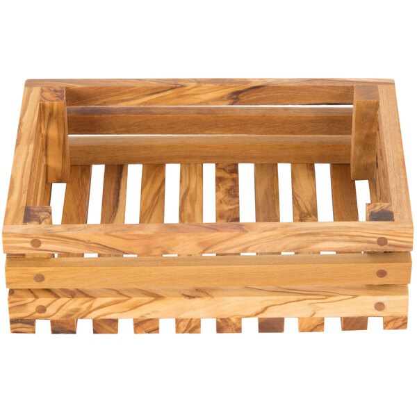 An American Metalcraft olive wood bread crate with a square top and a handle.