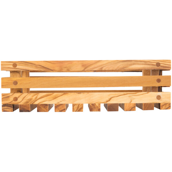 An American Metalcraft olive wood bread crate with four shelves made of wood.