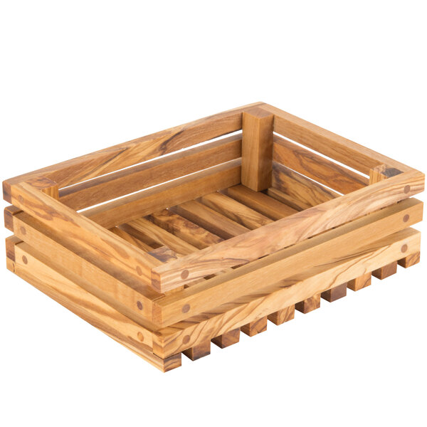 An American Metalcraft olive wood bread crate with handles.