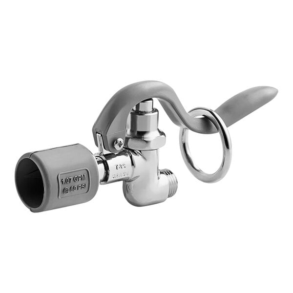 A T&S chrome pre-rinse spray valve with a handle.