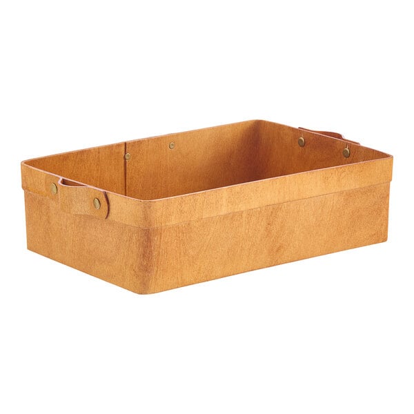 An American Metalcraft rectangular brown poplar wood basket with handles.