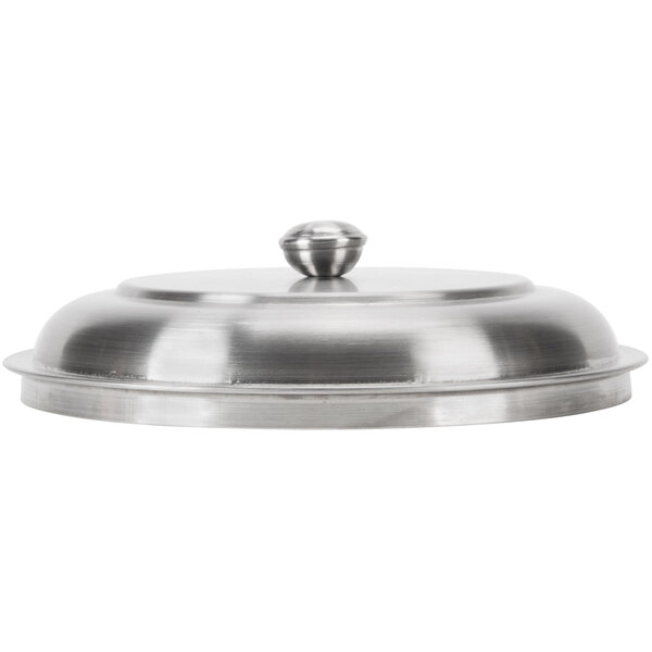 An American Metalcraft stainless steel lid with a round handle.