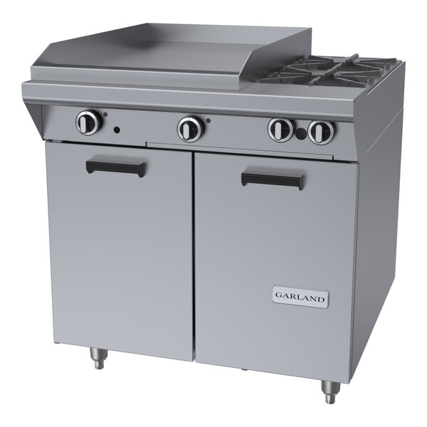 A commercial stainless steel range with two burners, a 23-inch griddle, and a storage base.