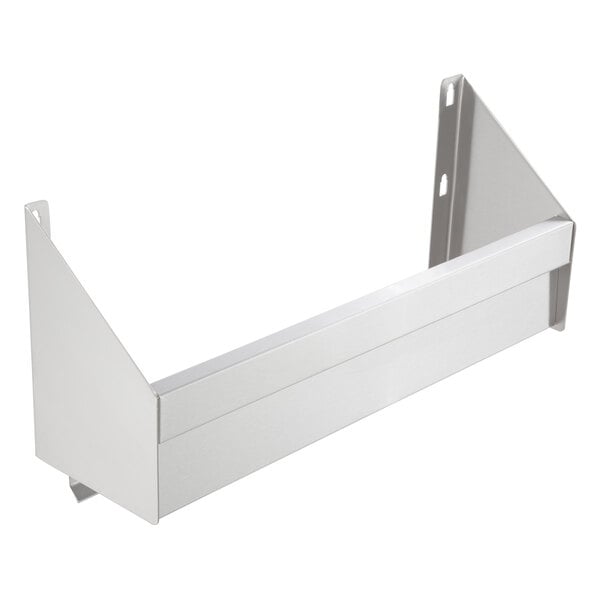 A silver metal shelf with holes on a white background.