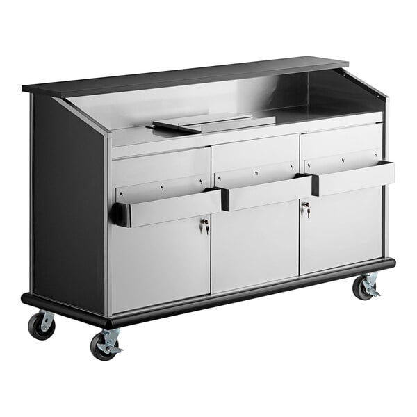 A silver and black metal Advance Tabco portable bar with stainless steel doors and interior.
