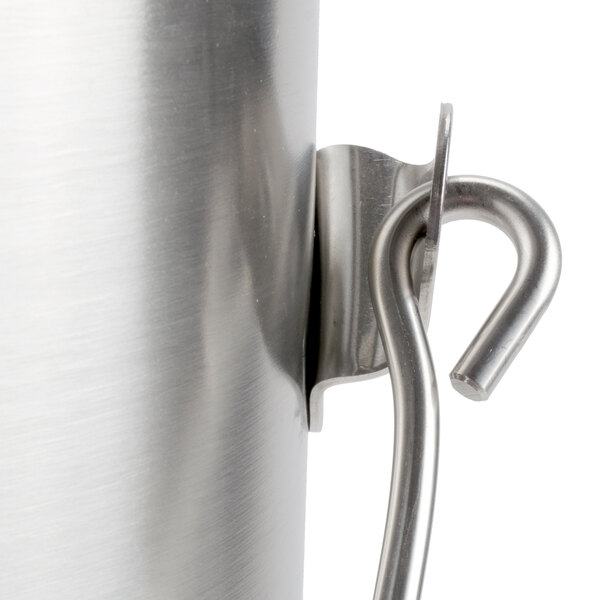 A stainless steel Vollrath ice cream pail with a hook on the lid.