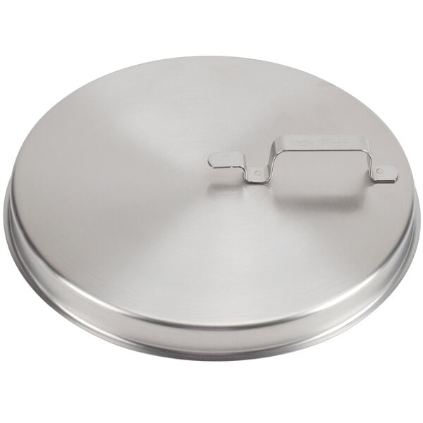 A stainless steel Vollrath lid with a metal handle.