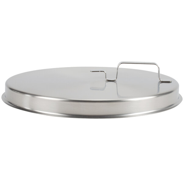 A silver stainless steel round lid with a handle.
