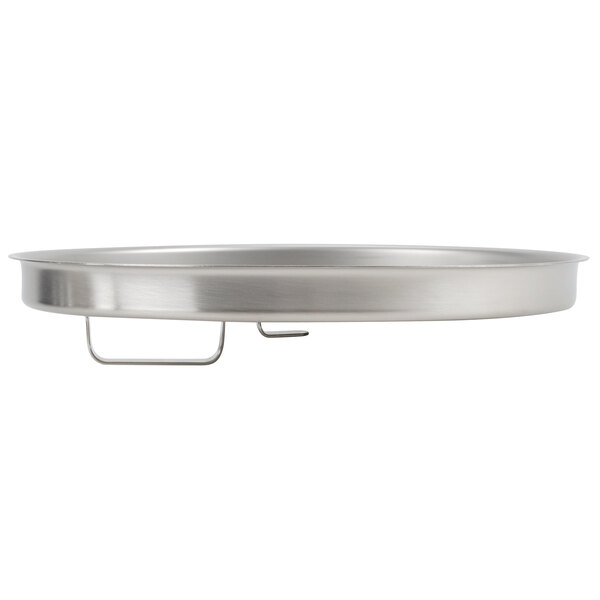 A stainless steel Vollrath ice cream pail cover with a handle.