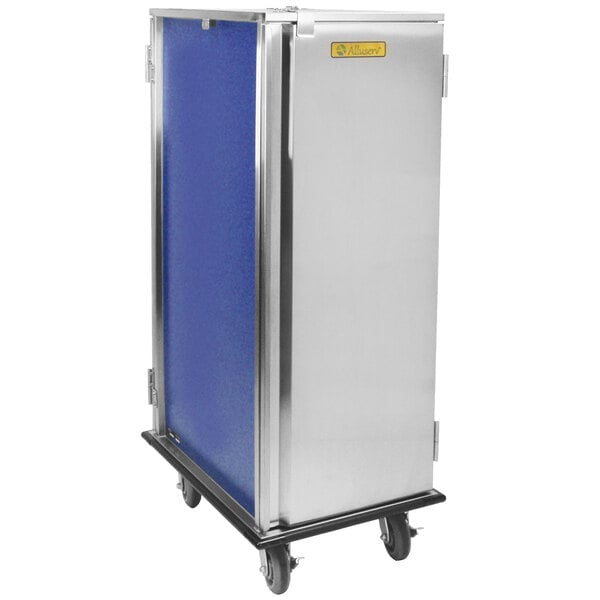 A stainless steel Alluserv meal delivery cart with blue doors and wheels.