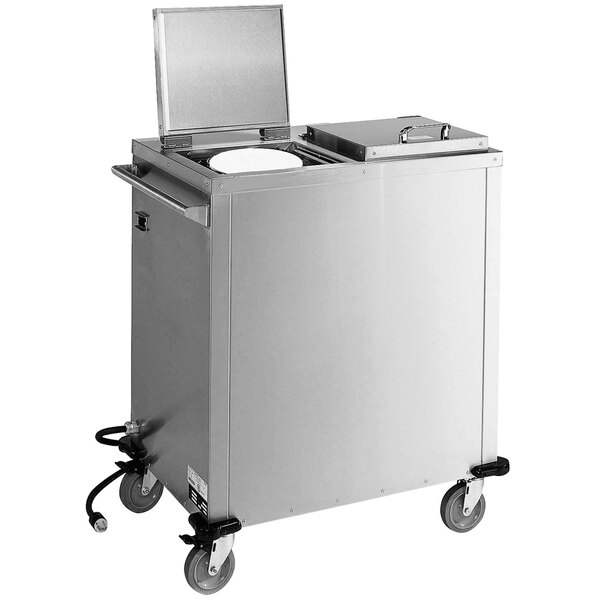 A large stainless steel cart with a lid and wheels.
