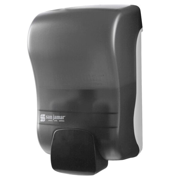 A close-up of a black San Jamar manual soap dispenser with grey accents.