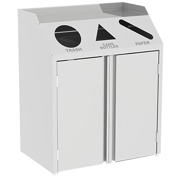 A white rectangular refuse/recycle/paper station with two black doors.