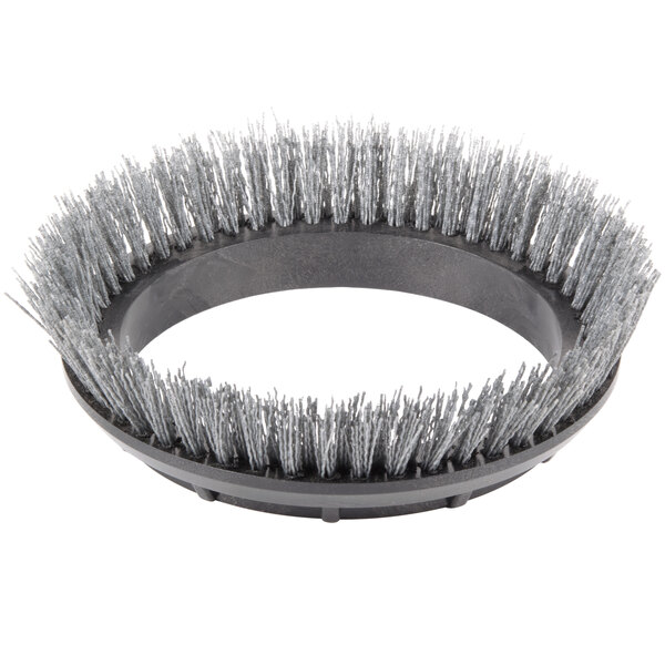 A gray circular metal brush with silver bristles.