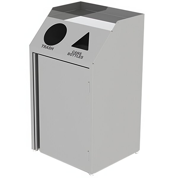 A stainless steel rectangular refuse/recycle station with two black lids.
