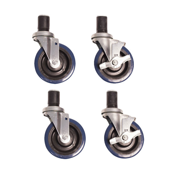 A set of four Advance Tabco heavy-duty casters with rubber wheels.