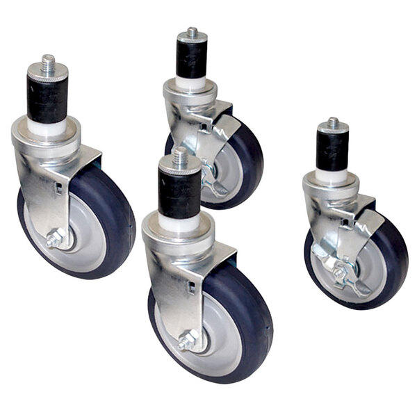 A set of four black and silver heavy-duty casters with black wheels.