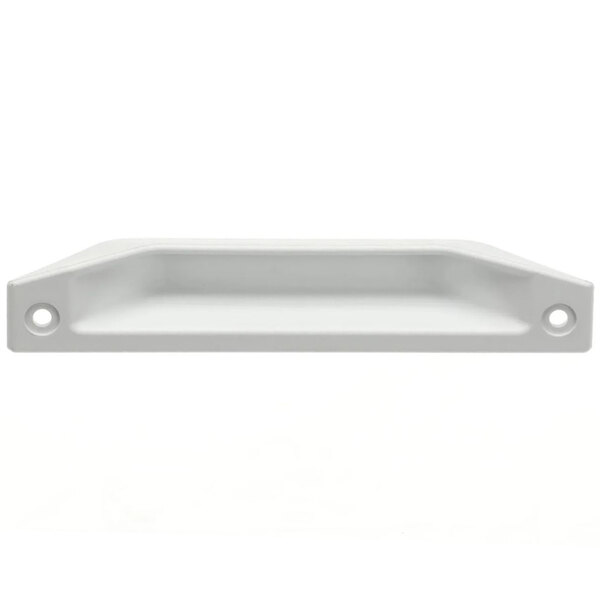 A white rectangular plastic door handle with holes.