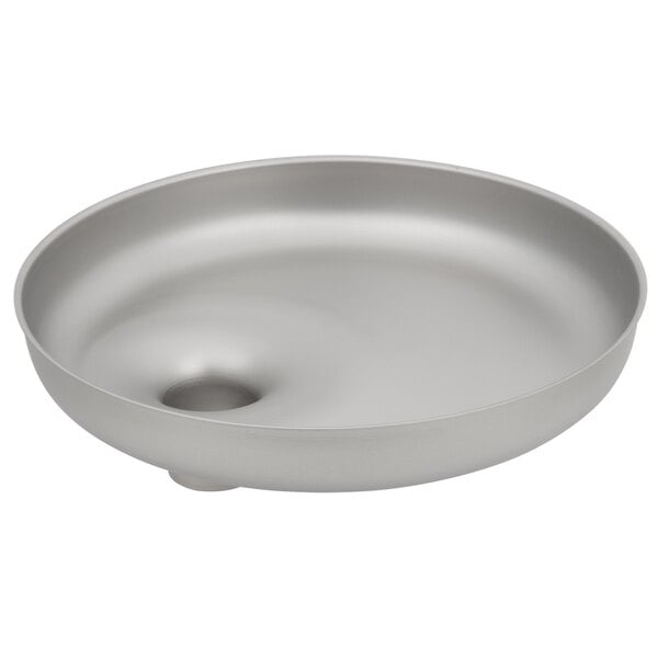 A stainless steel Hobart round feed pan with a hole in the middle.