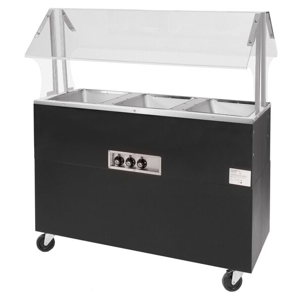 A black and silver food warmer cart with glass doors.